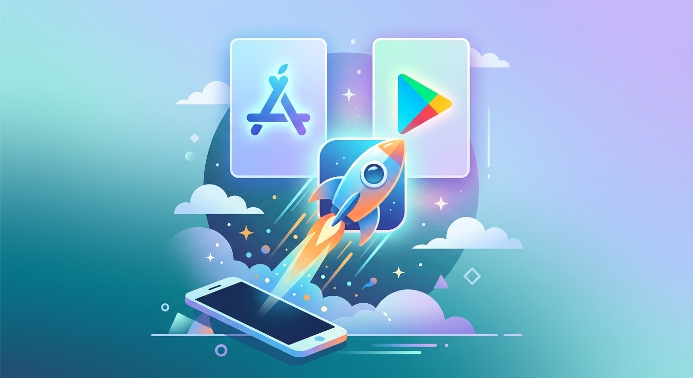 Illustration of an app launching from a phone to the Apple App Store and Google Play