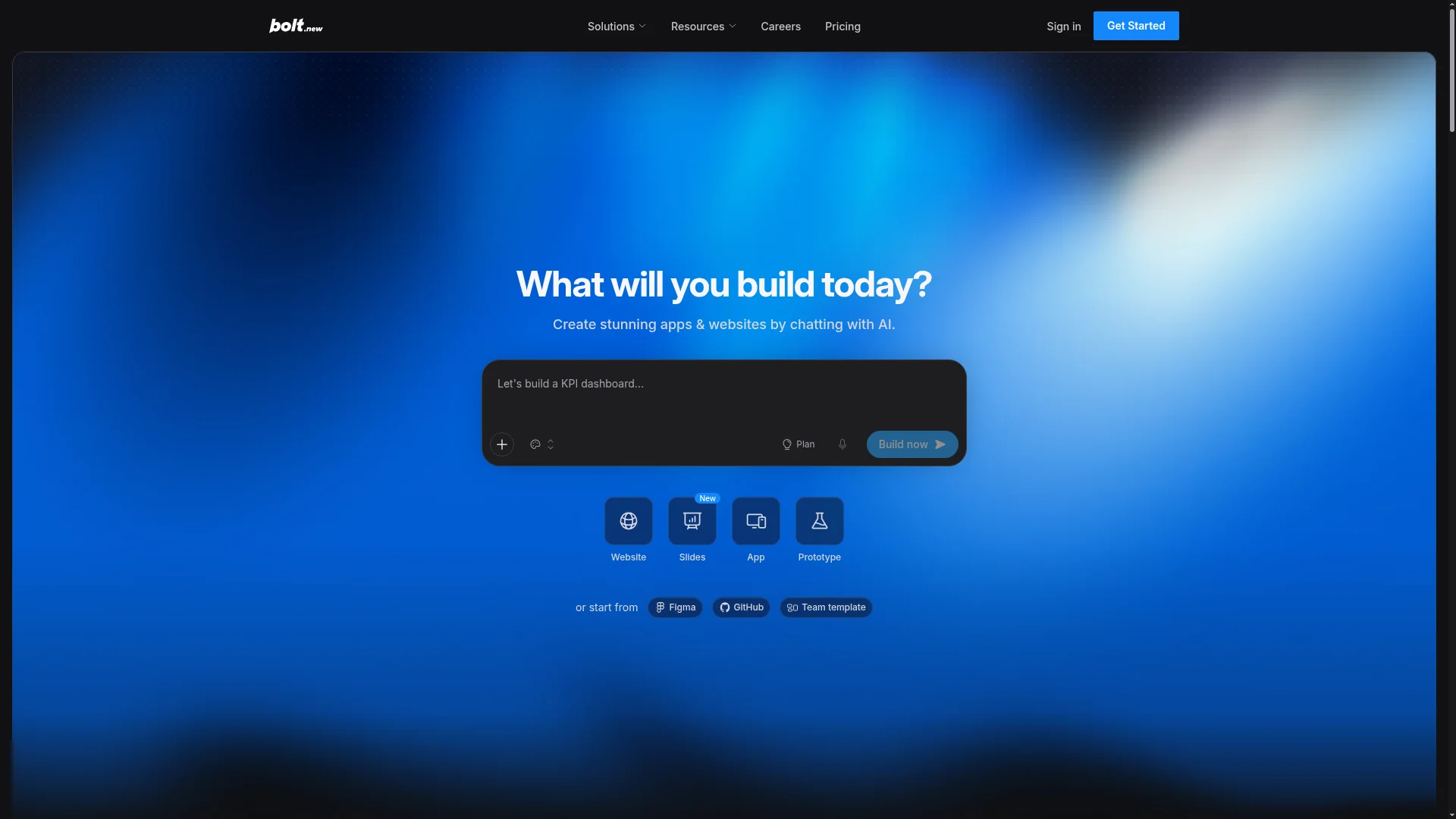 Bolt homepage with its prompt box for building apps and websites