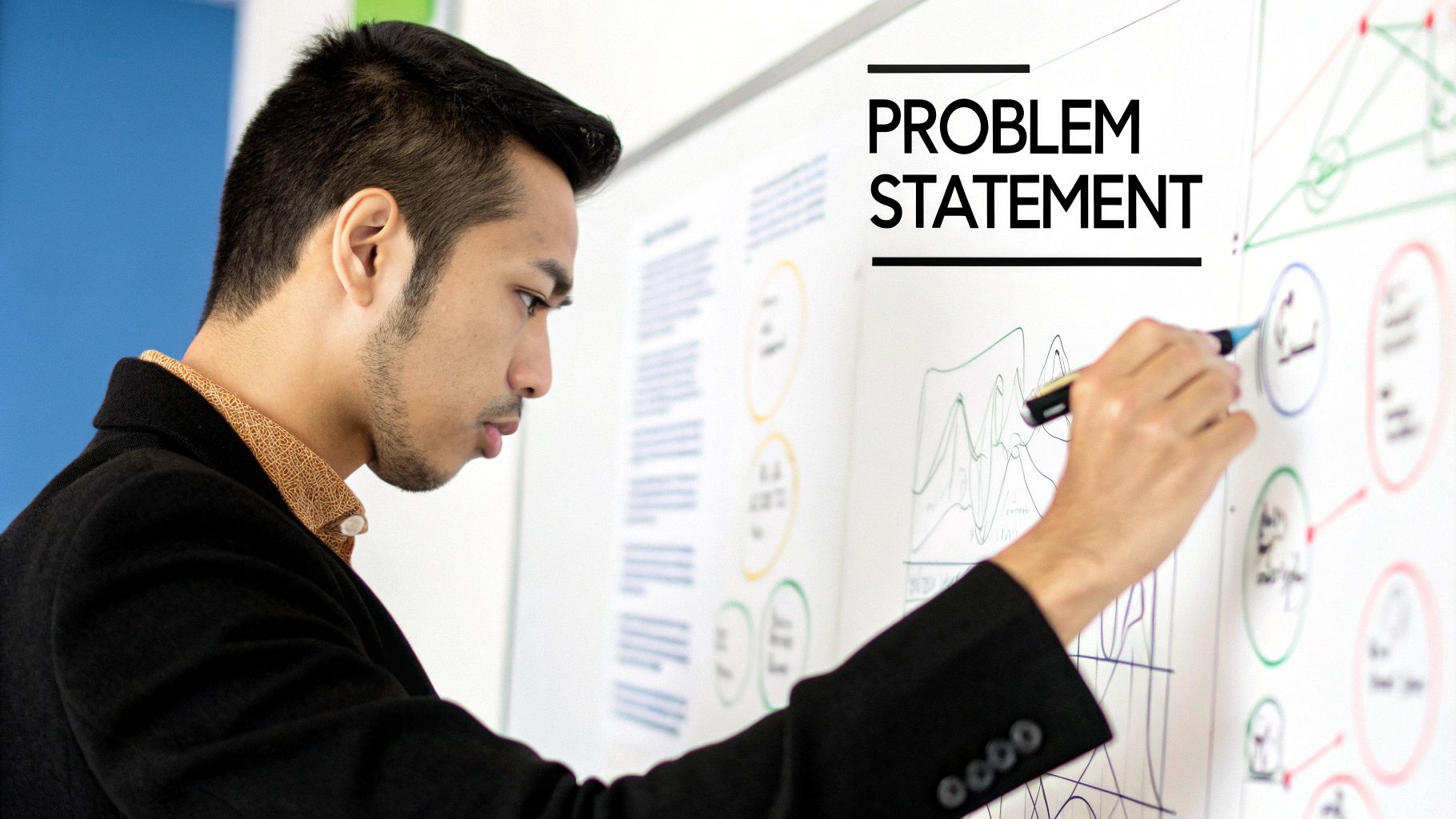 Founder writing a problem statement on a whiteboard before starting MVP development