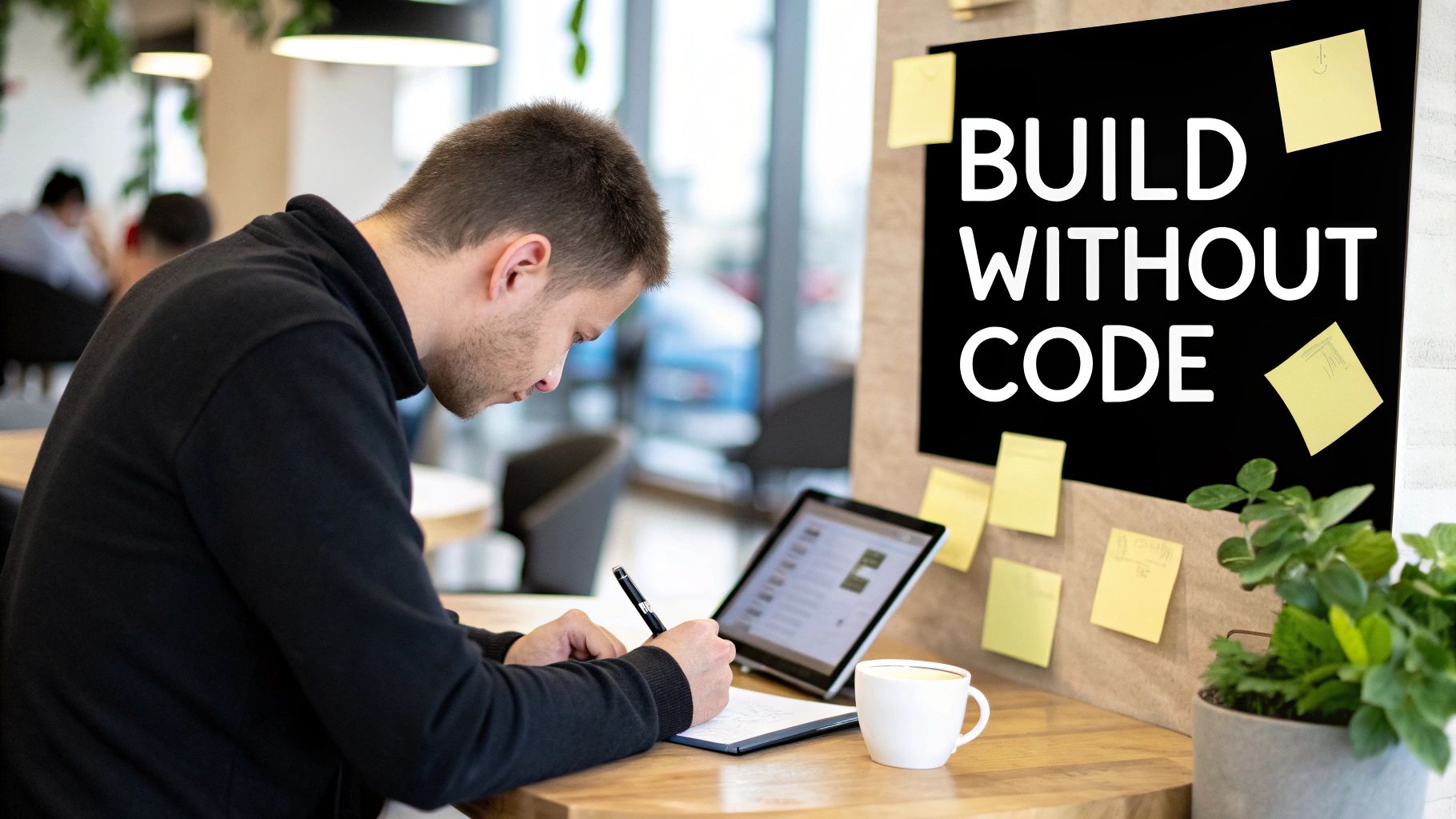 A person designing an app interface visually on a laptop, with screens and user flows shown without any code.