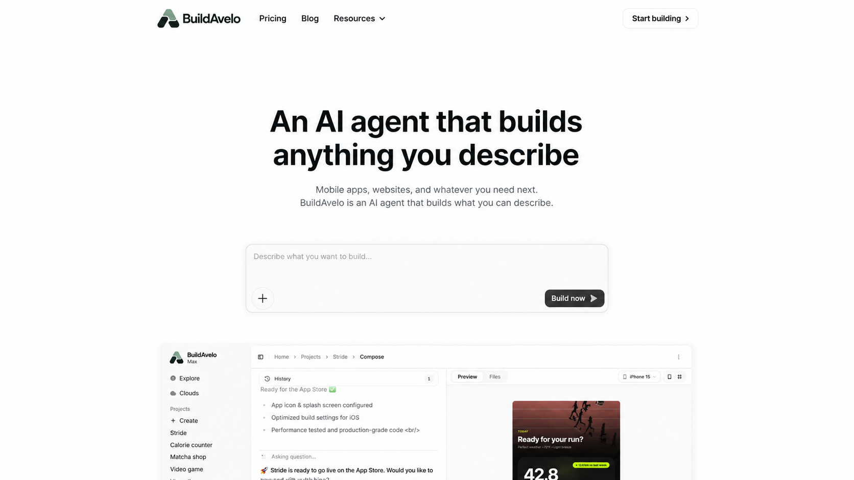 BuildAvelo homepage with the prompt box where you describe the inventory management software you want to build