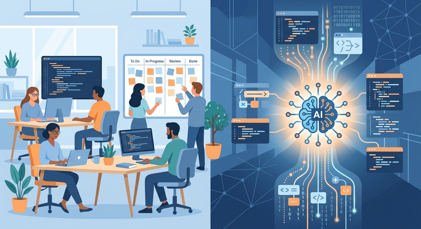 Human software development team on the left, AI agent generating code on the right