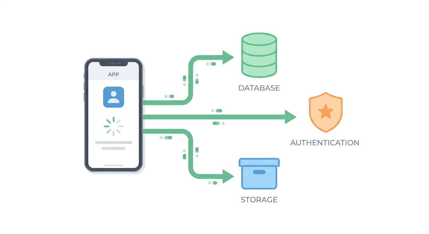 Diagram of a no-code app backend connecting to a database, authentication, and file storage
