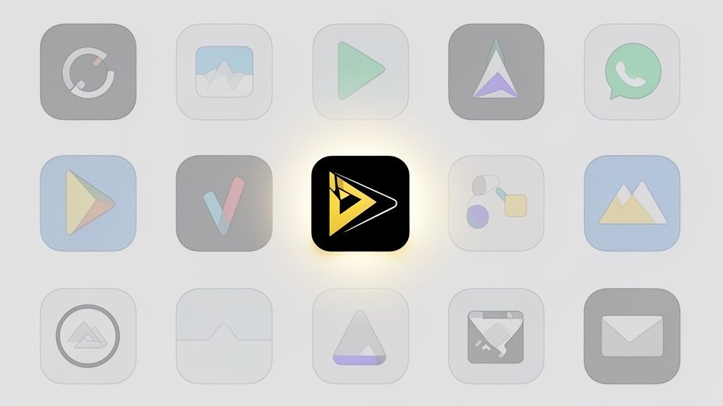 Bright app icon glowing among faded competitors, showing the importance of standout visual design for ASO