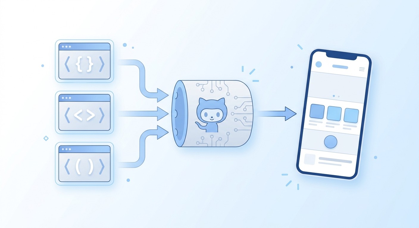 Code from AI web app builders flowing through a GitHub repository into a native mobile app