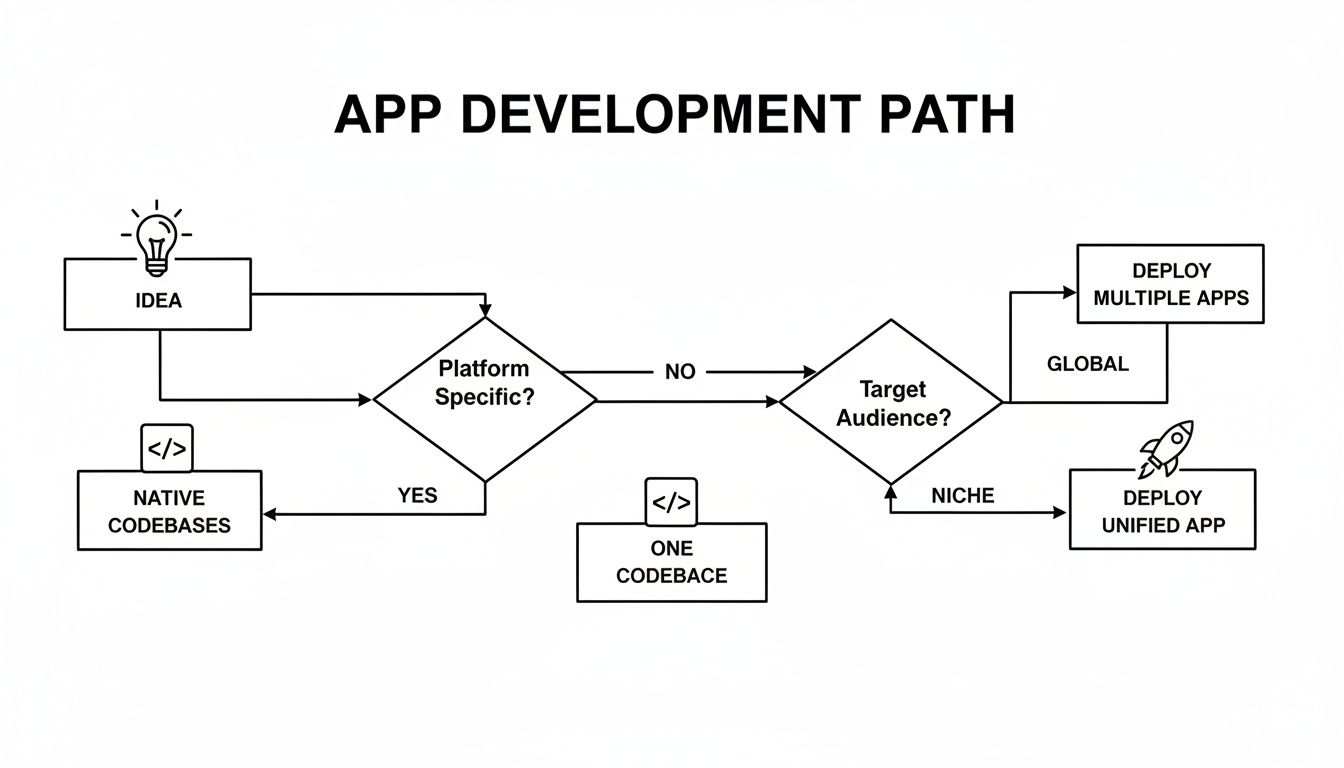 A flowchart illustrating the app development path, from idea to deployment, based on platform and audience decisions.