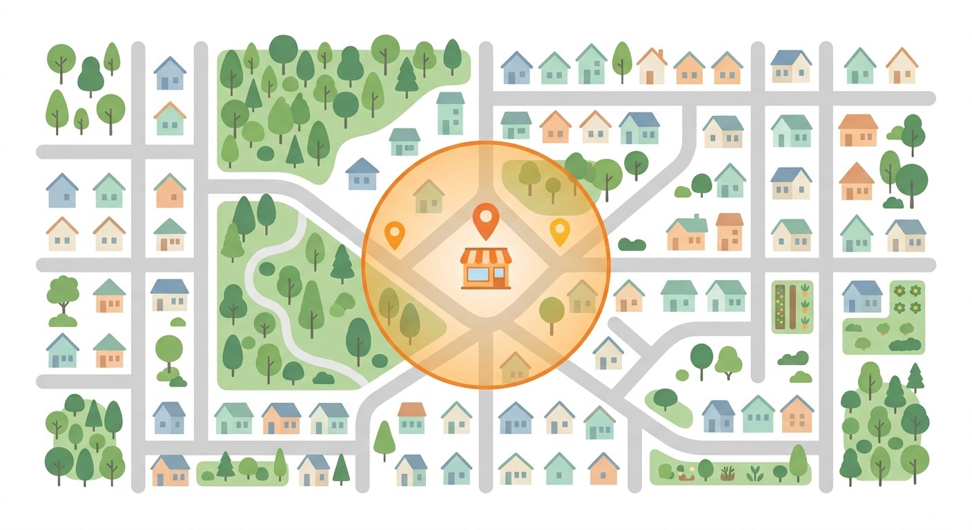 Map illustration of a single neighborhood delivery zone for a local delivery app launch