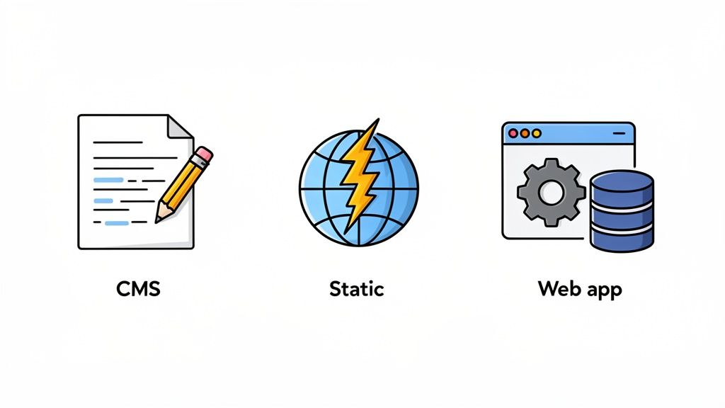 Three ways to publish a web page: a website builder, a static host and a web app platform