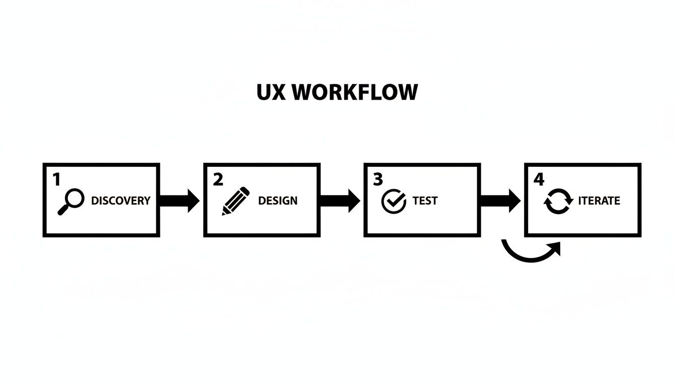 Black and white diagram of the UX design for an app workflow: discover, design, test, and iterate.