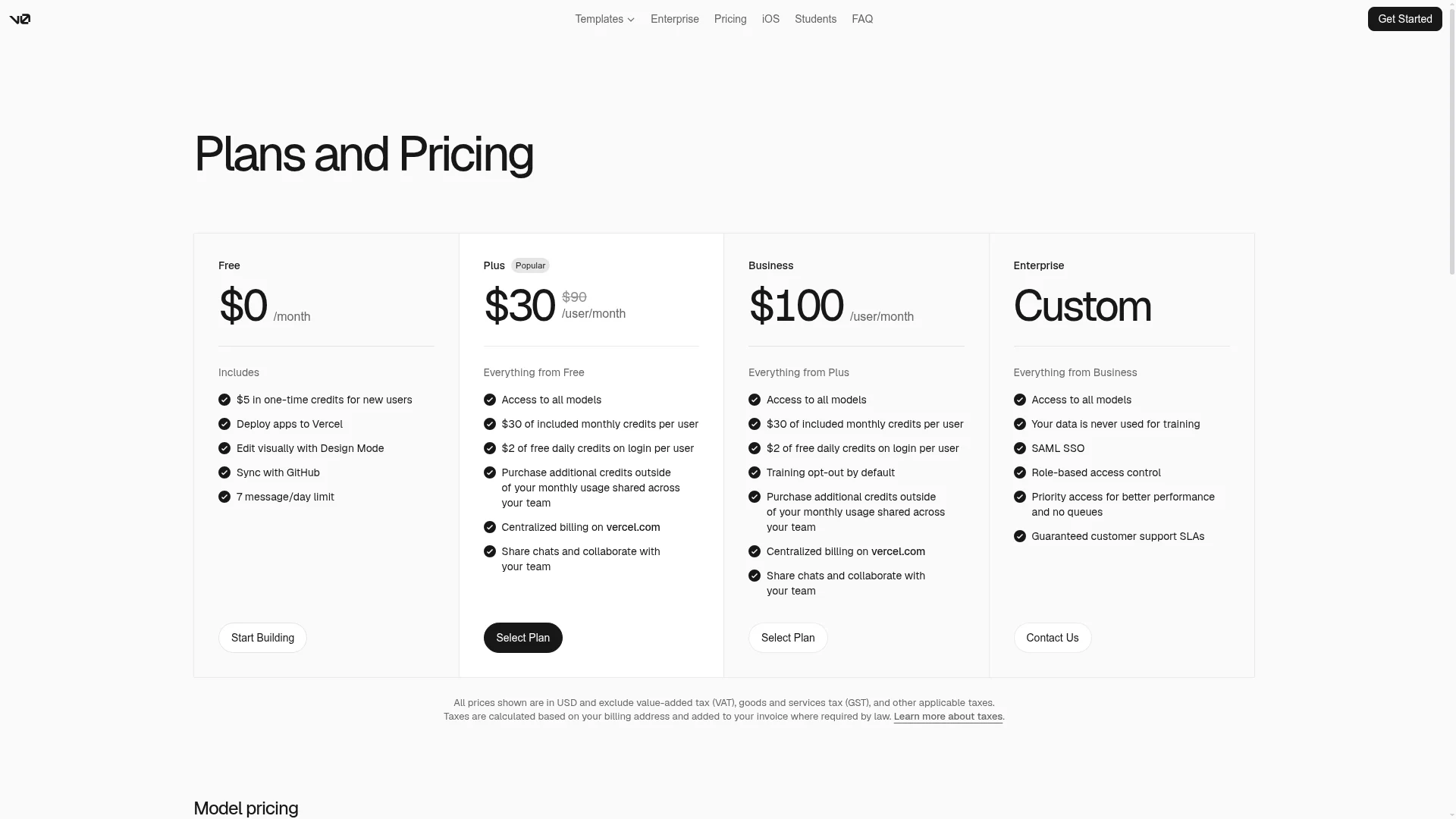 v0 by Vercel pricing page showing the Free, Plus, Business and Enterprise plans