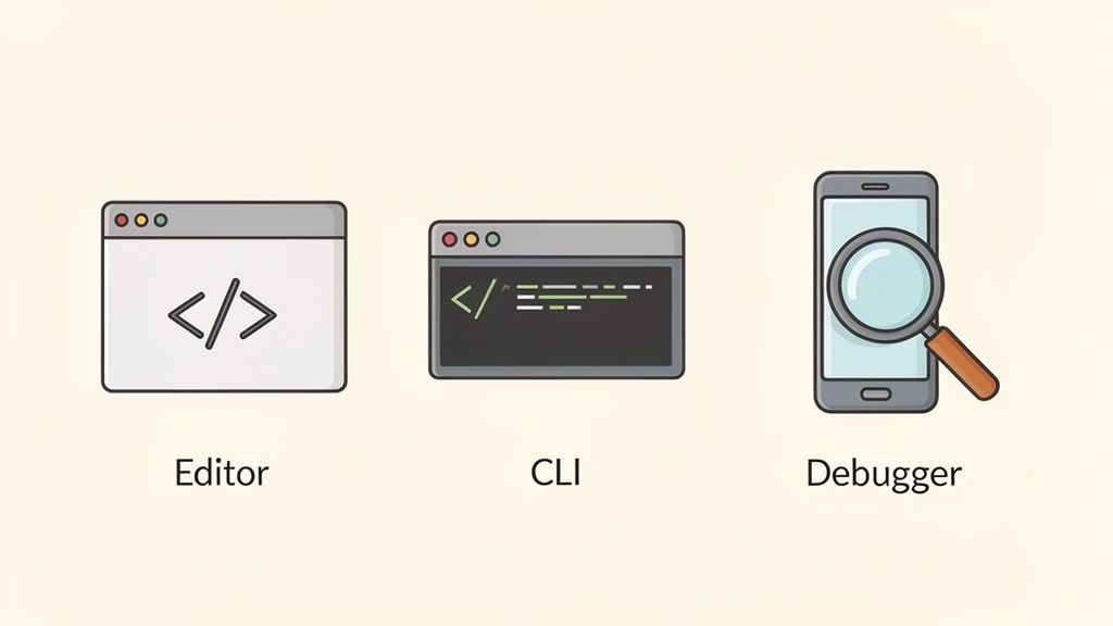 A visual representation of key development tools: code editor, command line, and mobile debugger.
