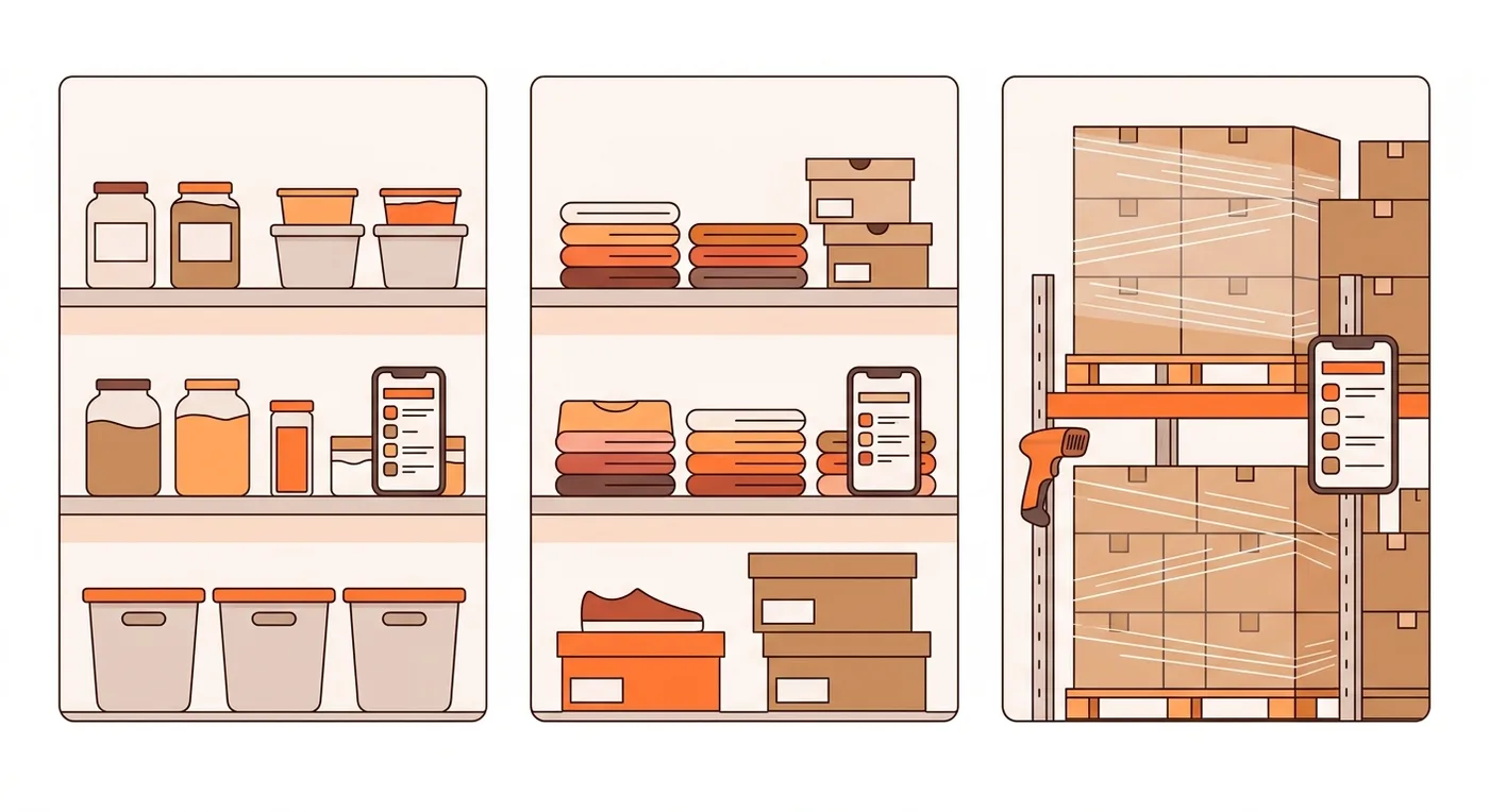 Inventory management software for a restaurant, a retail store and a warehouse, each tracked on a phone