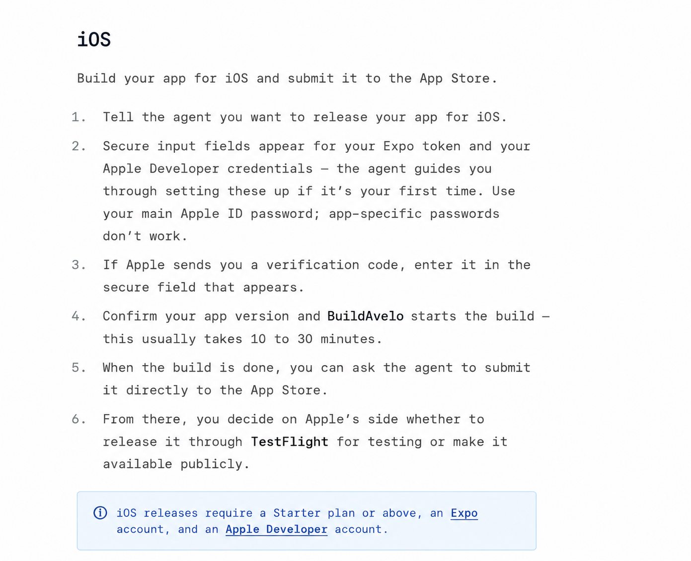 BuildAvelo documentation showing the iOS deployment steps, from secure credential fields to App Store submission
