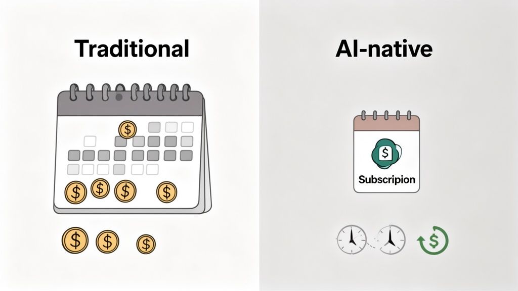 An illustration comparing traditional discrete payments with AI-native recurring subscription payment models.