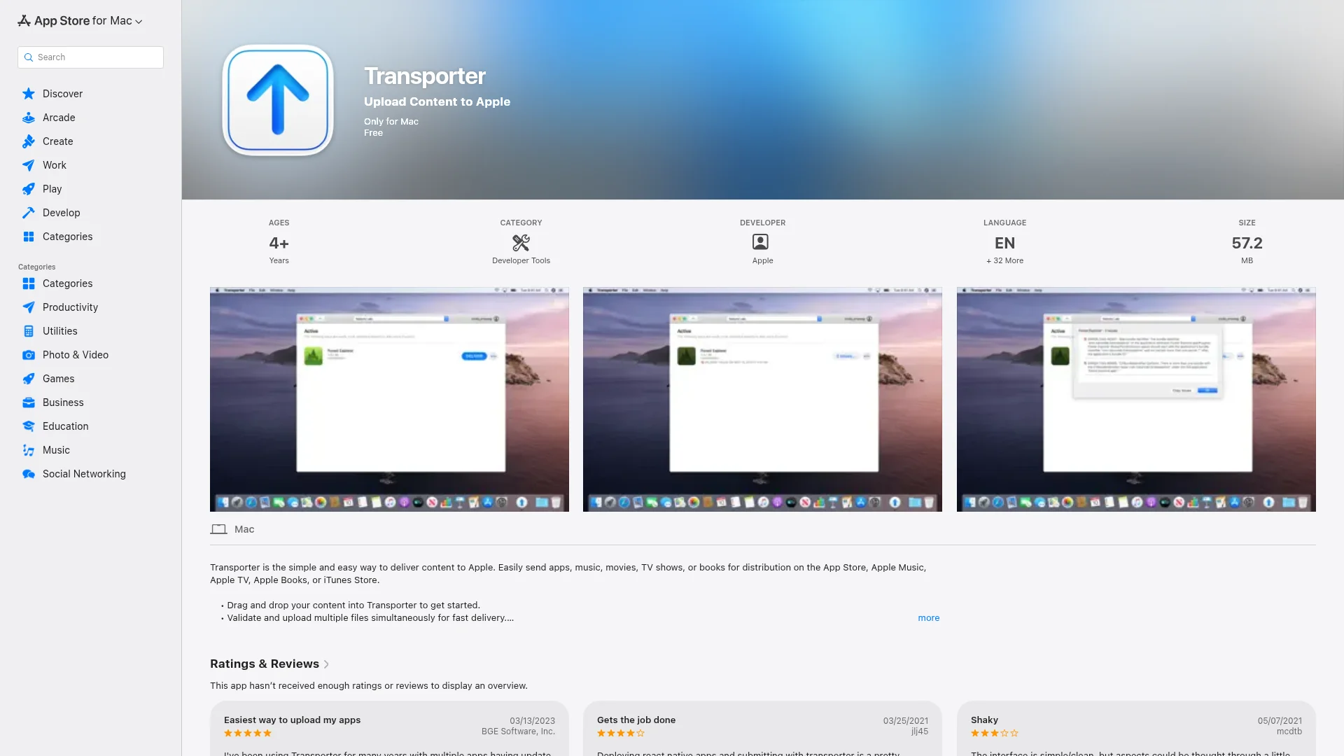 The Transporter app listing on the Mac App Store showing drag-and-drop upload interface.