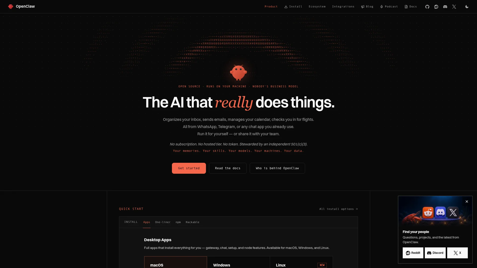 OpenClaw homepage for the open-source personal AI assistant that runs on your machine