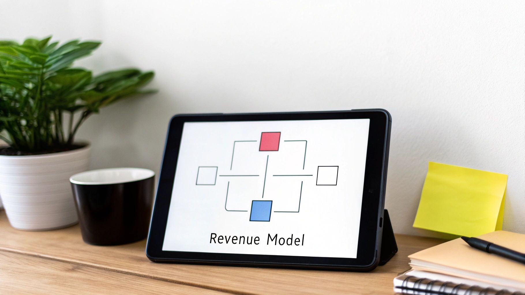 Tablet showing a revenue model diagram with interconnected squares on a wooden desk