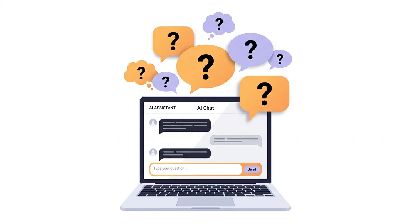Question mark speech bubbles above a laptop with an AI chat open