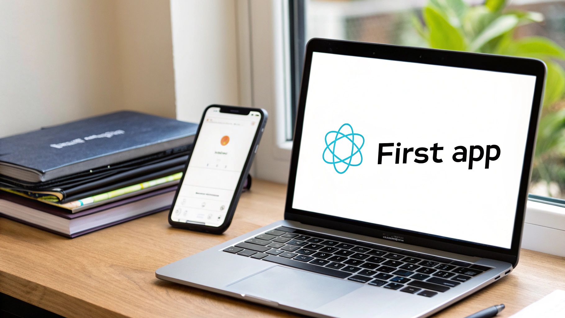 A React Native mobile app interface being designed with reusable UI components floating around it