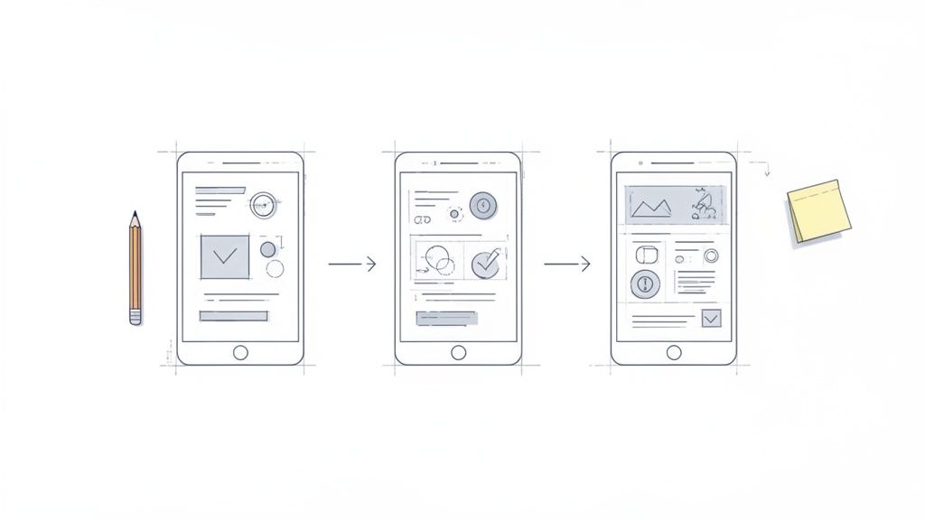 Three smartphone mockups showing a mobile app UI going from low-fidelity wireframe to high-fidelity design