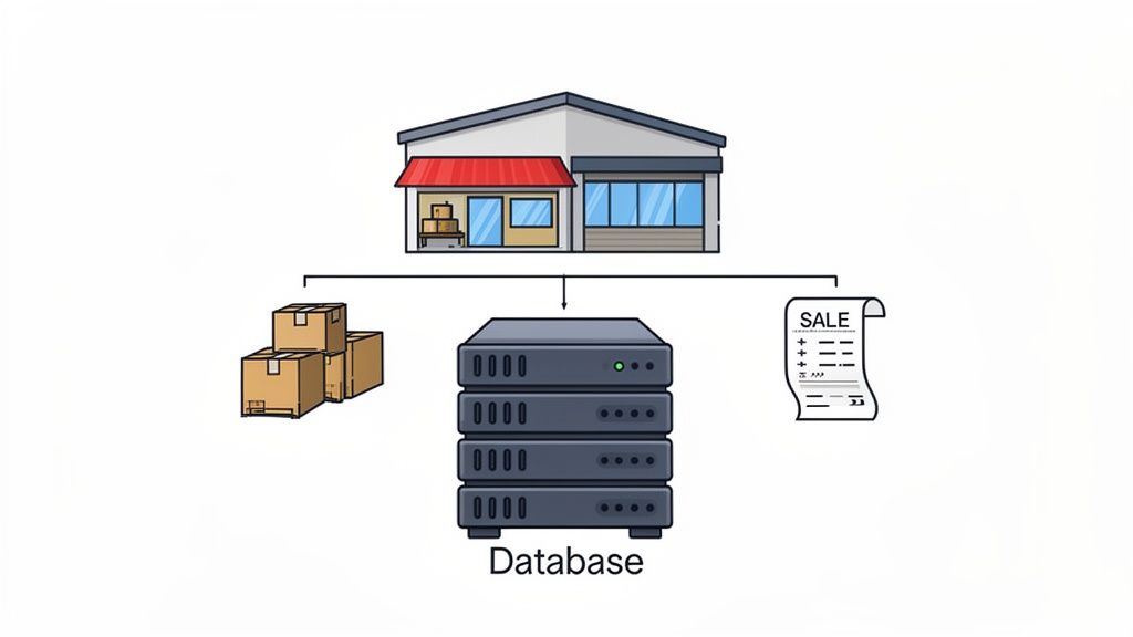 Illustration of a business with a database managing physical inventory (boxes) and sales records (receipt).
