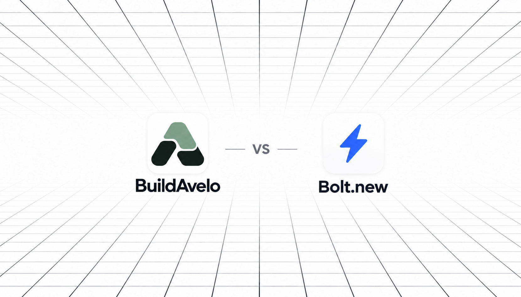 BuildAvelo vs Bolt.new comparison featuring the BuildAvelo cat logo and Bolt.new lightning bolt logo on a minimalist perspective grid background.