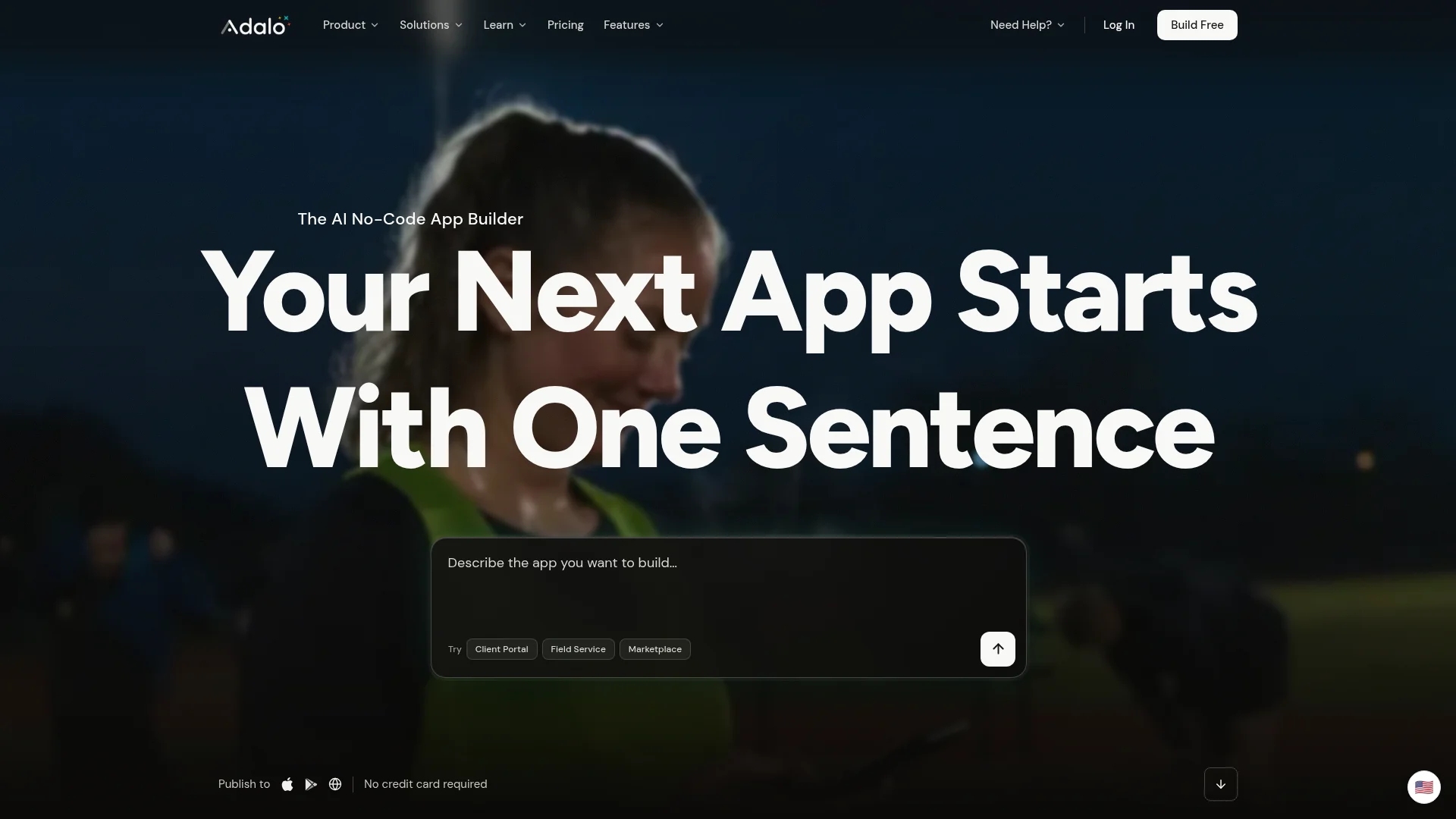 Adalo homepage: AI no-code app builder that publishes to iOS, Android and the web