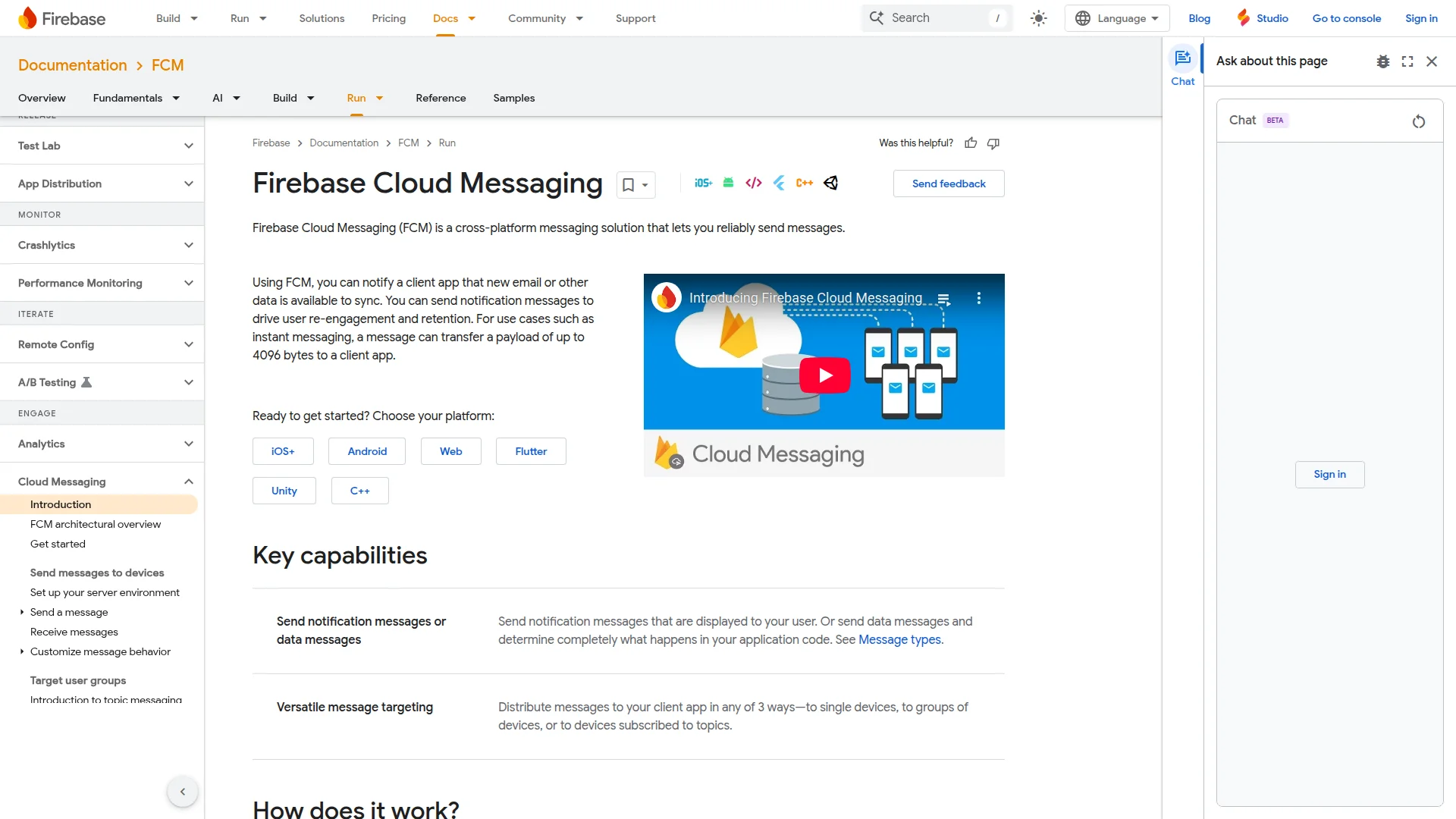 Firebase Cloud Messaging documentation page for setting up push notifications on Android
