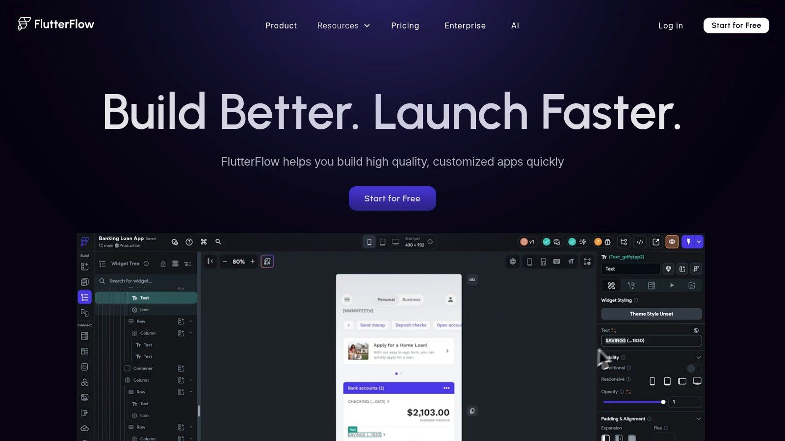 FlutterFlow visual development environment with a Flutter widget tree and app design canvas
