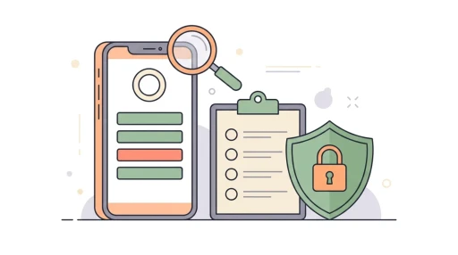 Illustration of a budget app going through app store review, with a magnifying glass, a checklist and a privacy shield