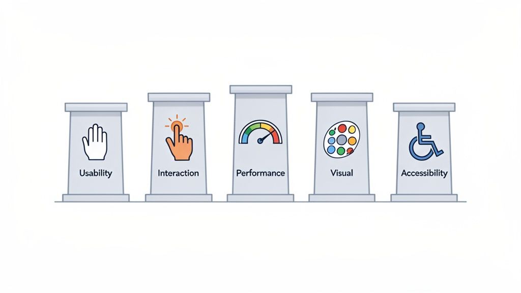 Five pillars representing key app user experience principles: Usability, Interaction, Performance, Visual, and Accessibility.