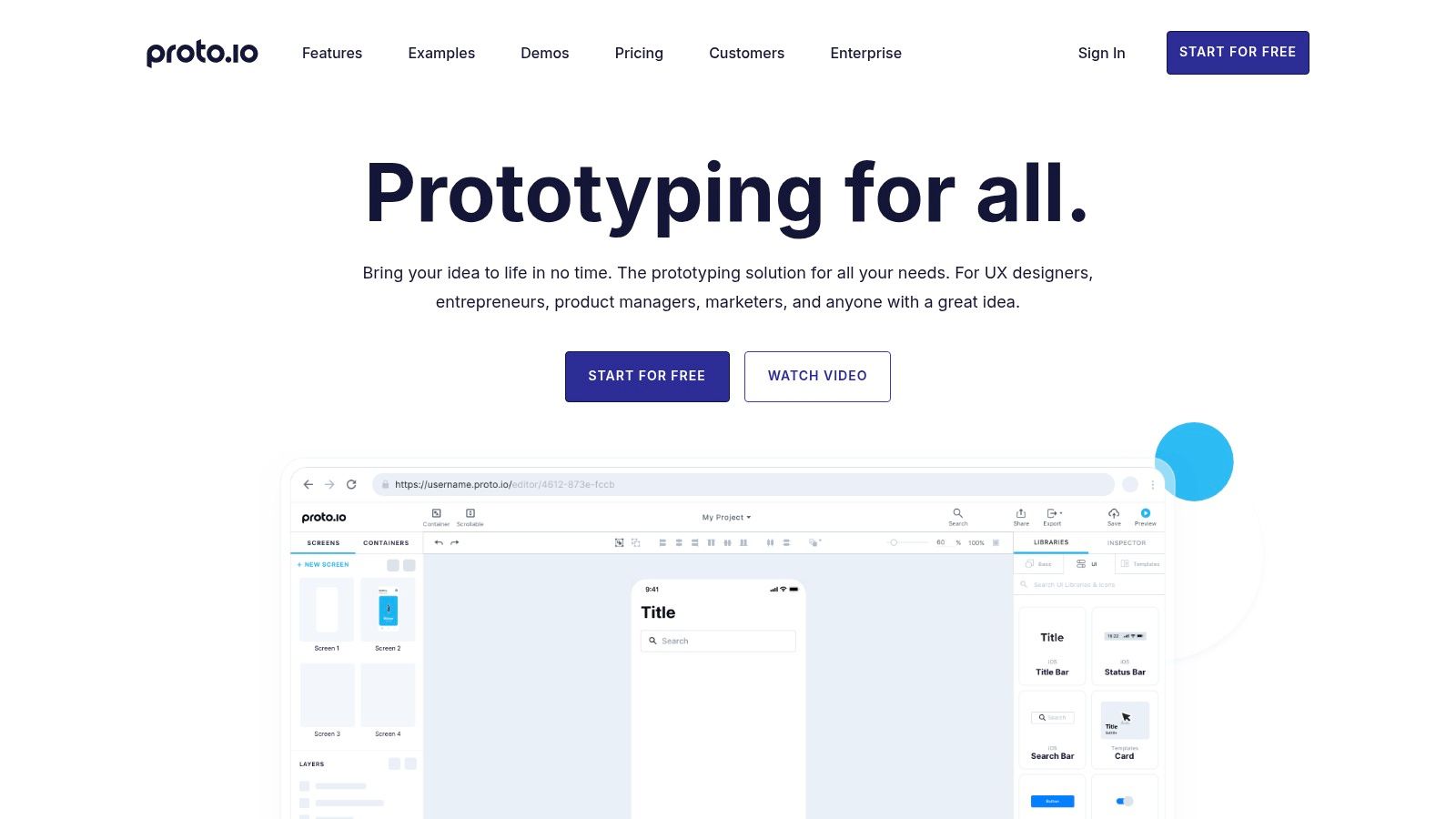 Proto.io UI for app prototyping showing components and canvas