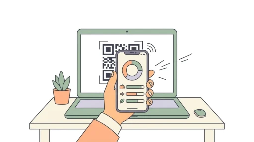 Illustration of a phone scanning a QR code on a laptop screen to open the budget app preview