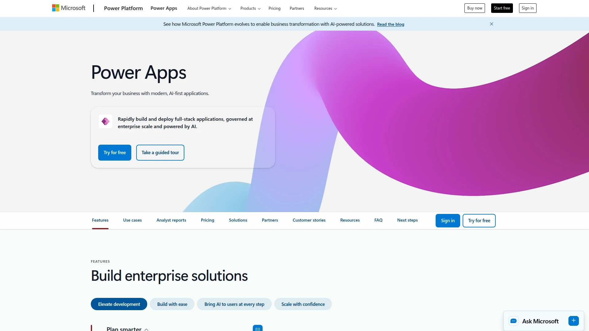 Microsoft Power Apps homepage showing the Power Platform interface with AI-powered enterprise app building features