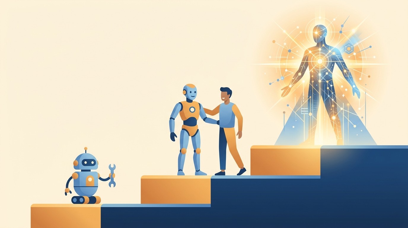 Illustration of the three levels of AI as steps: a narrow AI robot, a human-level AGI beside a person, and a towering superintelligence (ASI) at the top
