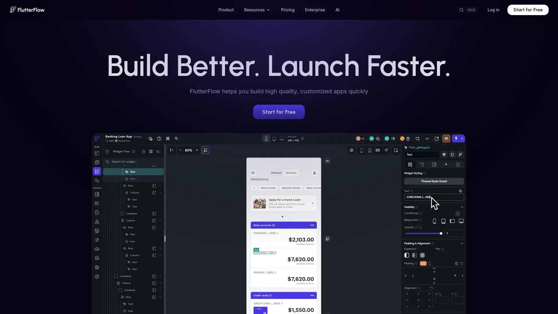 FlutterFlow homepage showing its visual builder for mobile, web and desktop apps