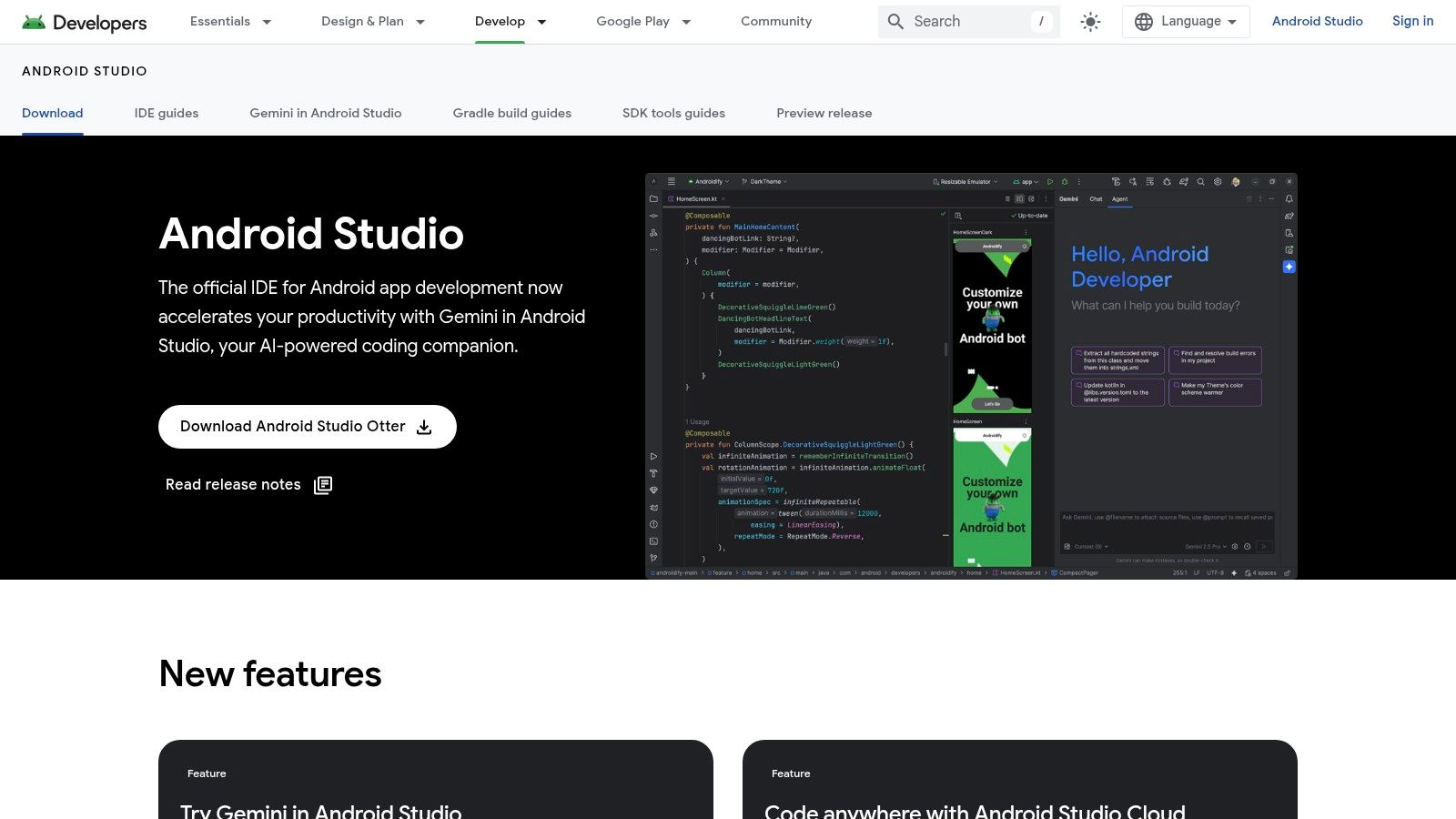 Android Studio IDE with a layout designer, code editor, and emulator running side by side