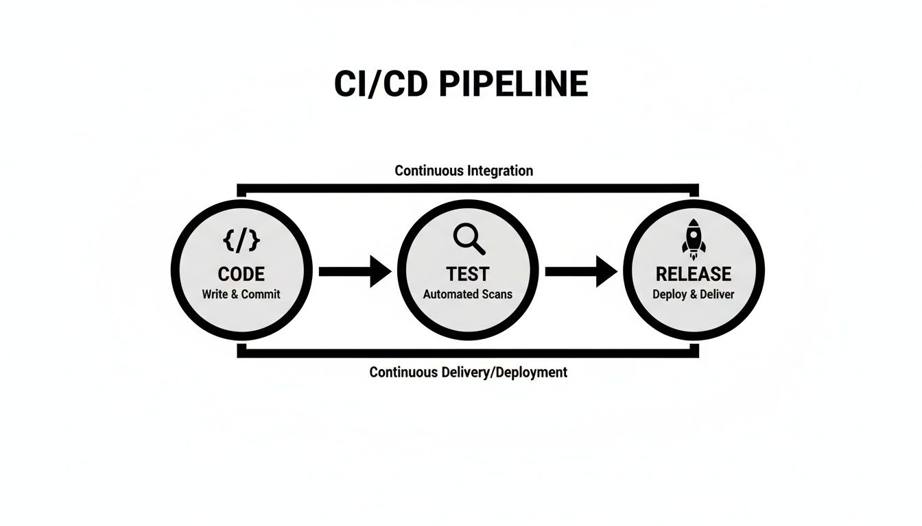 A diagram illustrating the CI/CD pipeline, detailing code, test, and release stages.