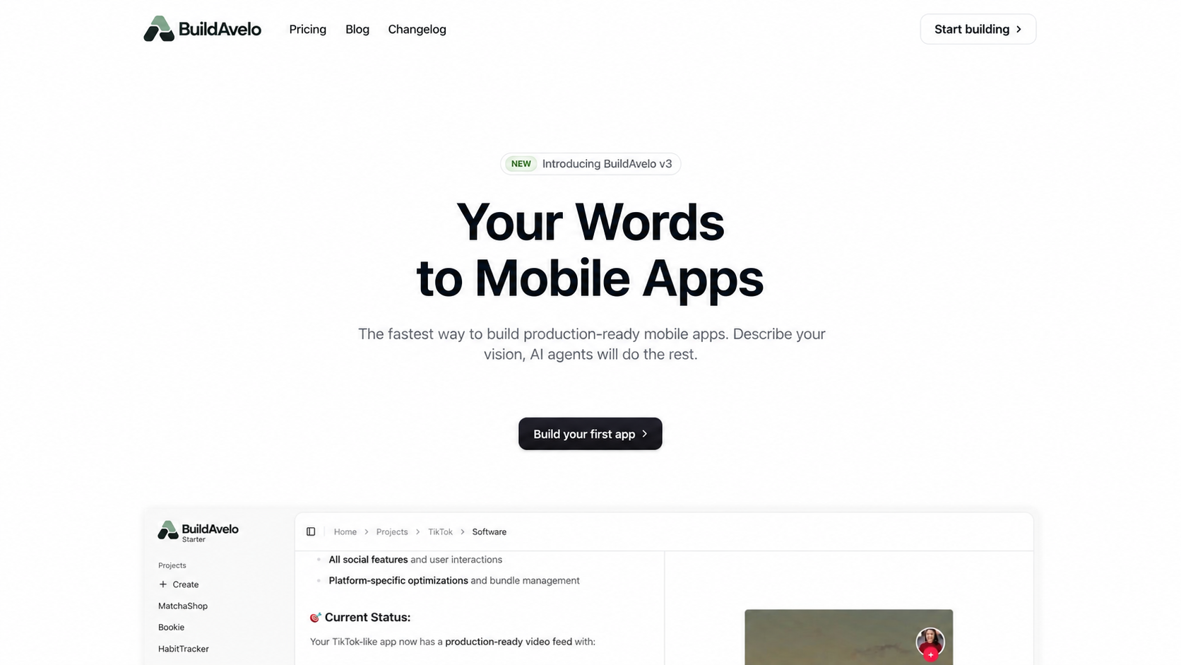 BuildAvelo no-code AI app builder showing the conversational interface for building mobile apps