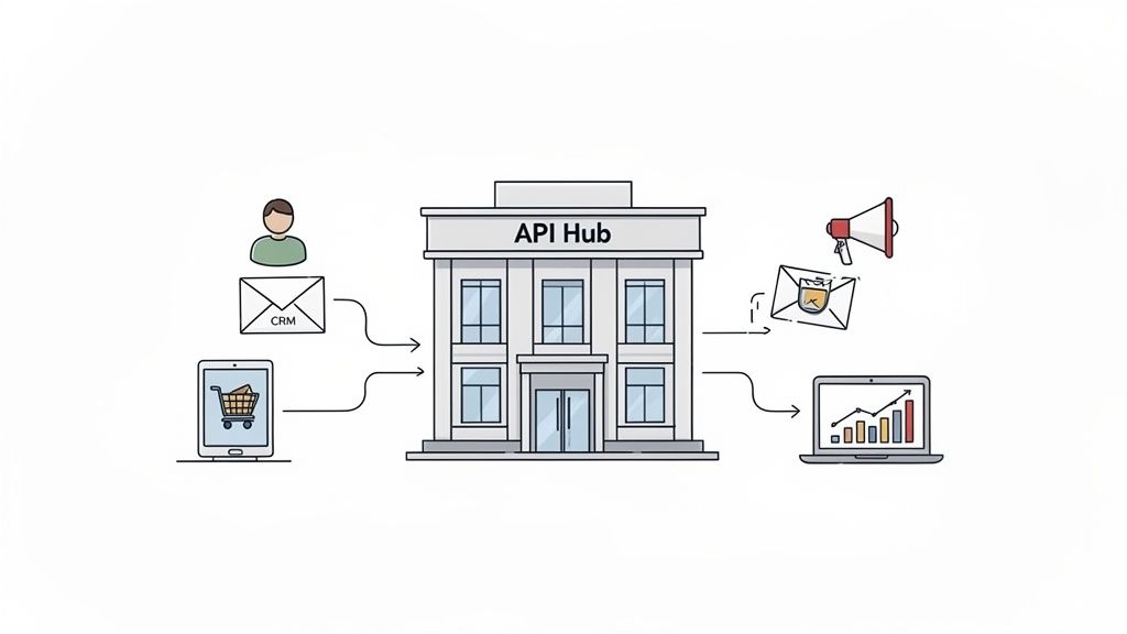 An API Hub building centralizes data flow from CRM and e-commerce to marketing and analytics.