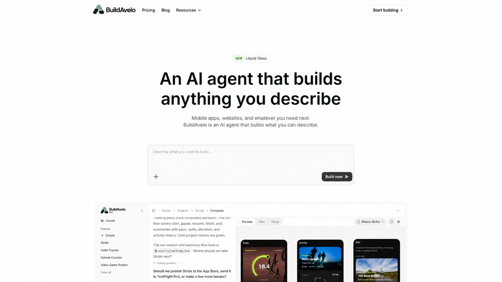 BuildAvelo landing page with a prompt box above the builder, which shows a mobile app on iPhone screens and asks whether to publish it to the App Store