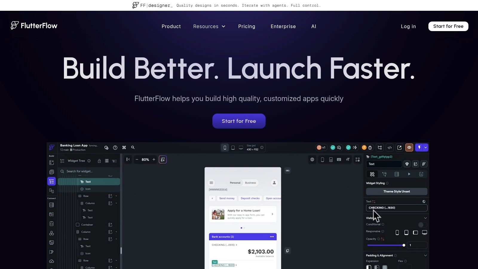 FlutterFlow visual app builder interface