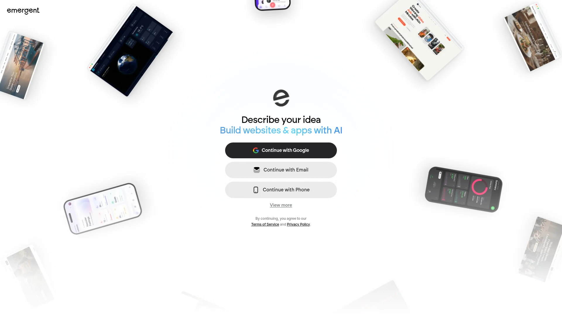 Emergent homepage inviting you to describe an idea and build websites and apps with AI