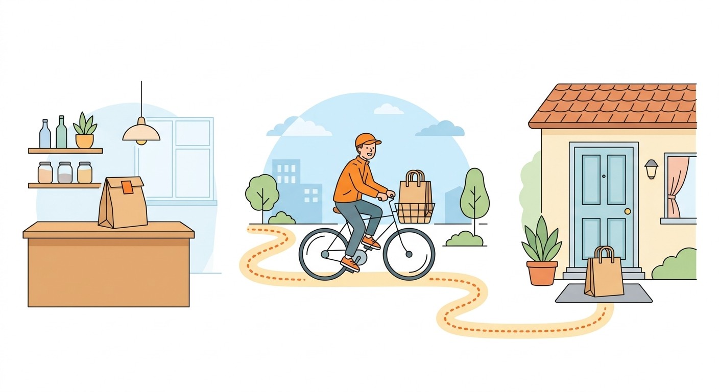 Illustration of a delivery app order moving from the store to a courier to the customer's door