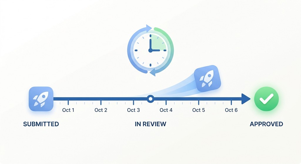 Timeline illustration showing an app moving from submitted to in review to approved