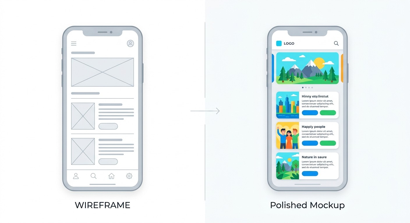 Wireframe sketches and a polished mobile app mockup showing the UI design process