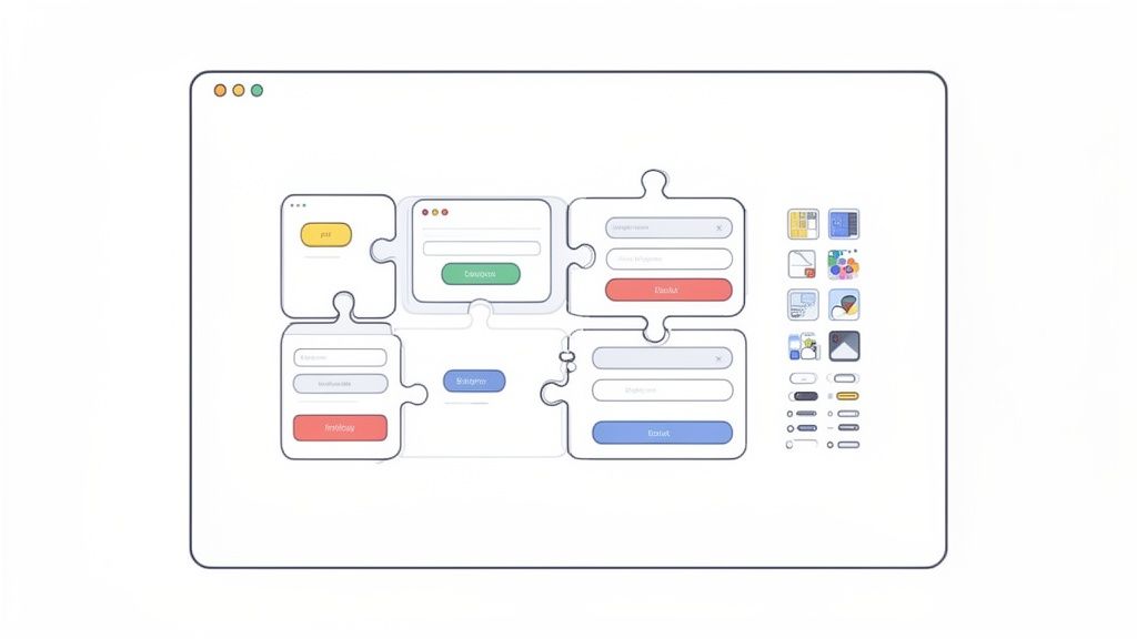 A browser window displays UI components arranged as puzzle pieces, including forms, buttons, and icons, representing a design system.