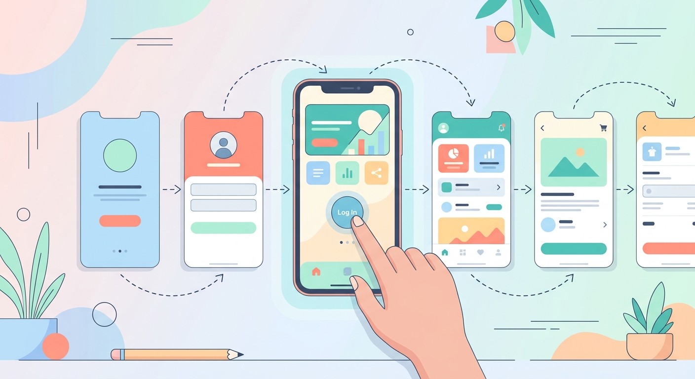 Illustration of usability testing with a hand tapping an interactive iPhone prototype