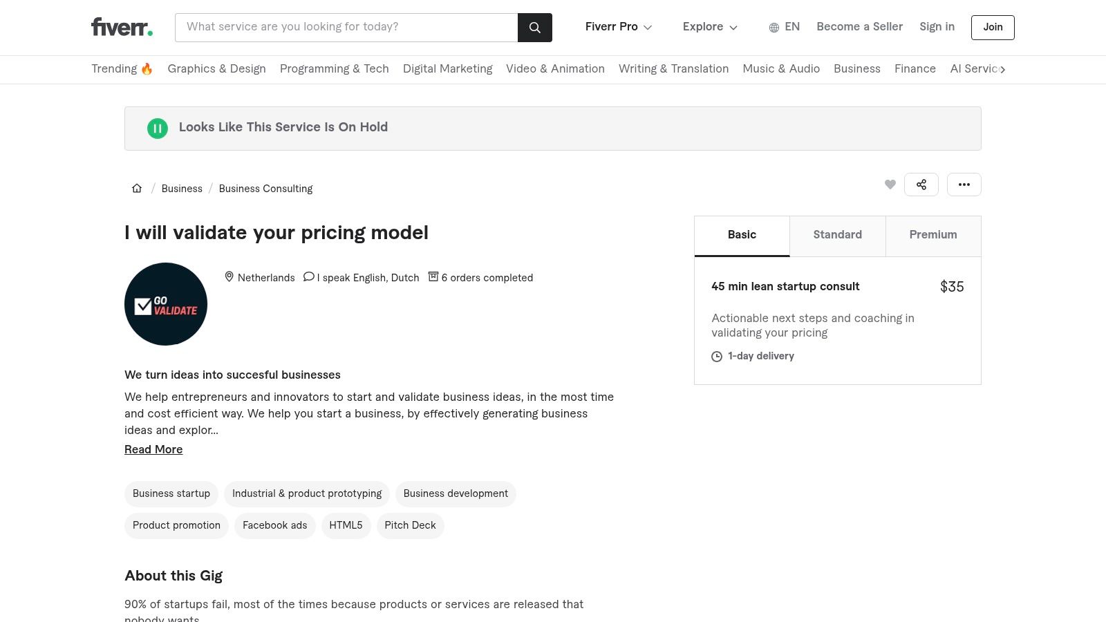 Fiverr marketplace showing market research and app idea validation services