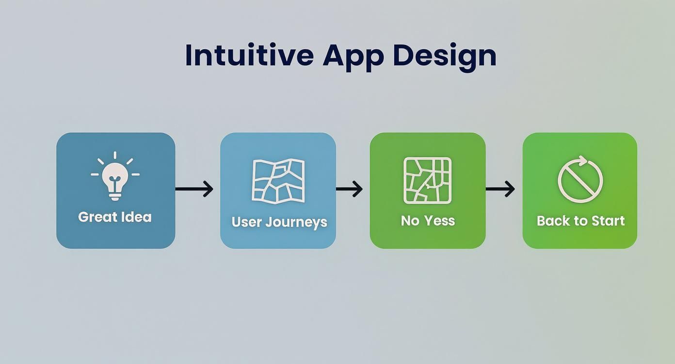 Infographic showing mobile app development decision tree from validated idea to native, cross-platform, or no-code path.
